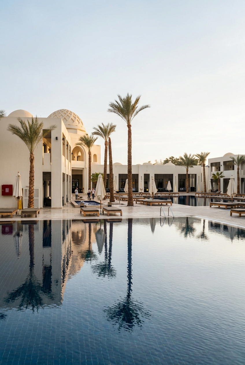 Resort architecture and pool reflection — hospitality photography